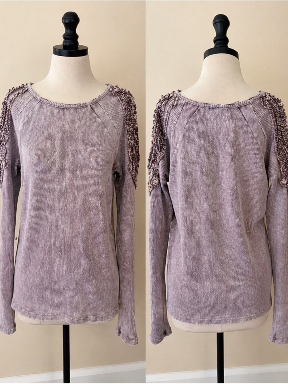 BKE Lavender Knit Top with open Crochet Shoulder Trim